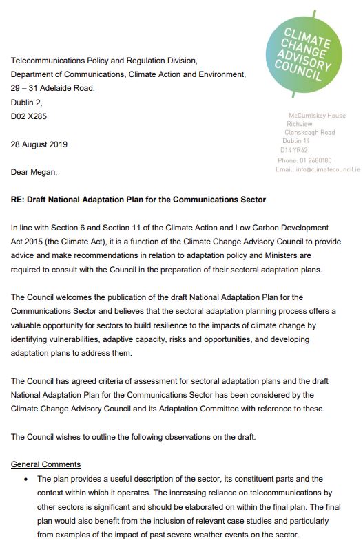 Letter to DCCAE re Draft National Adaptation Plan for the Communications Sector